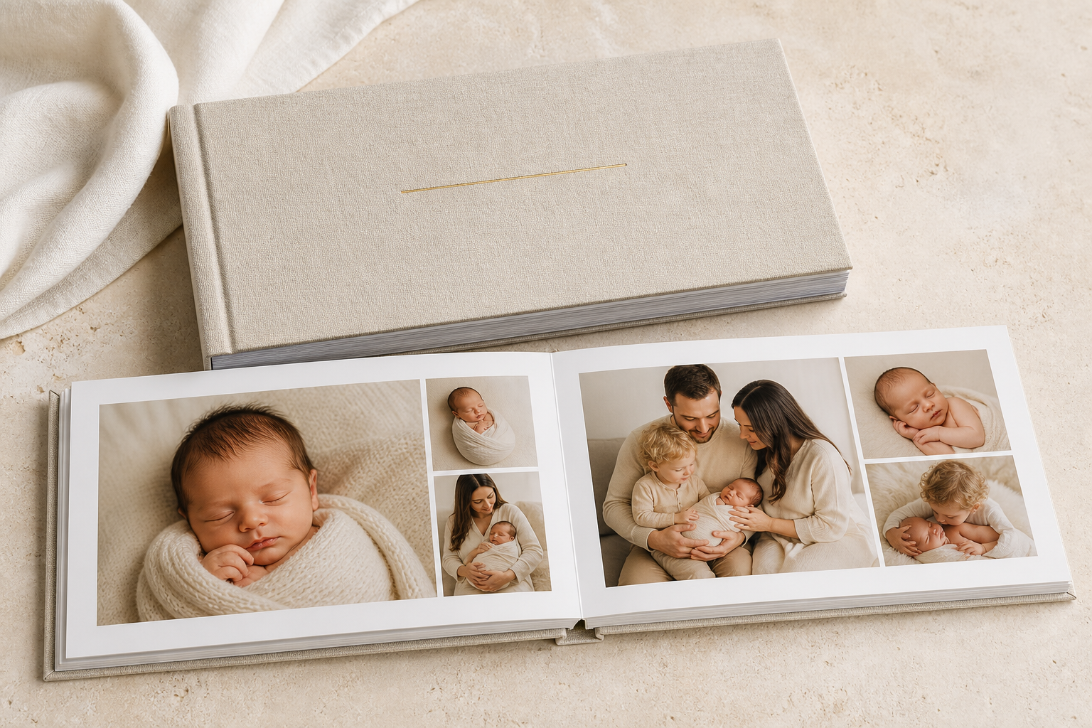Album open to thick lay-flat pages filled with newborn and family portraits