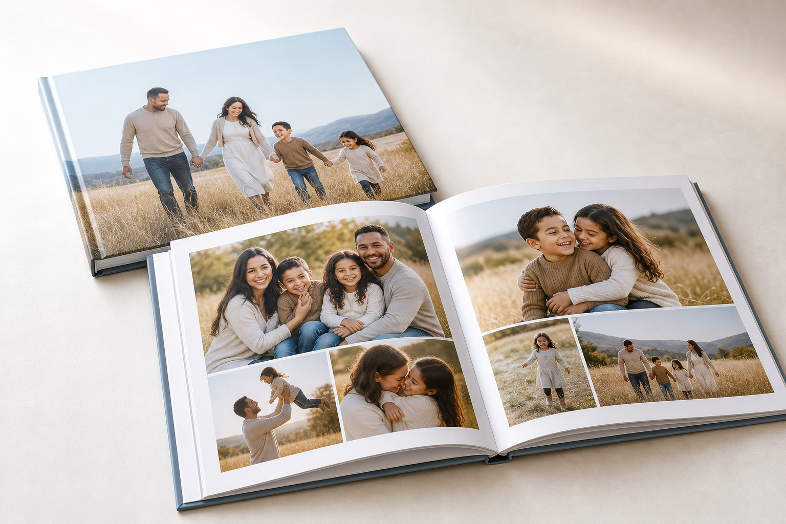 Professional family photo book with a sturdy hardcover and open lay-flat pages